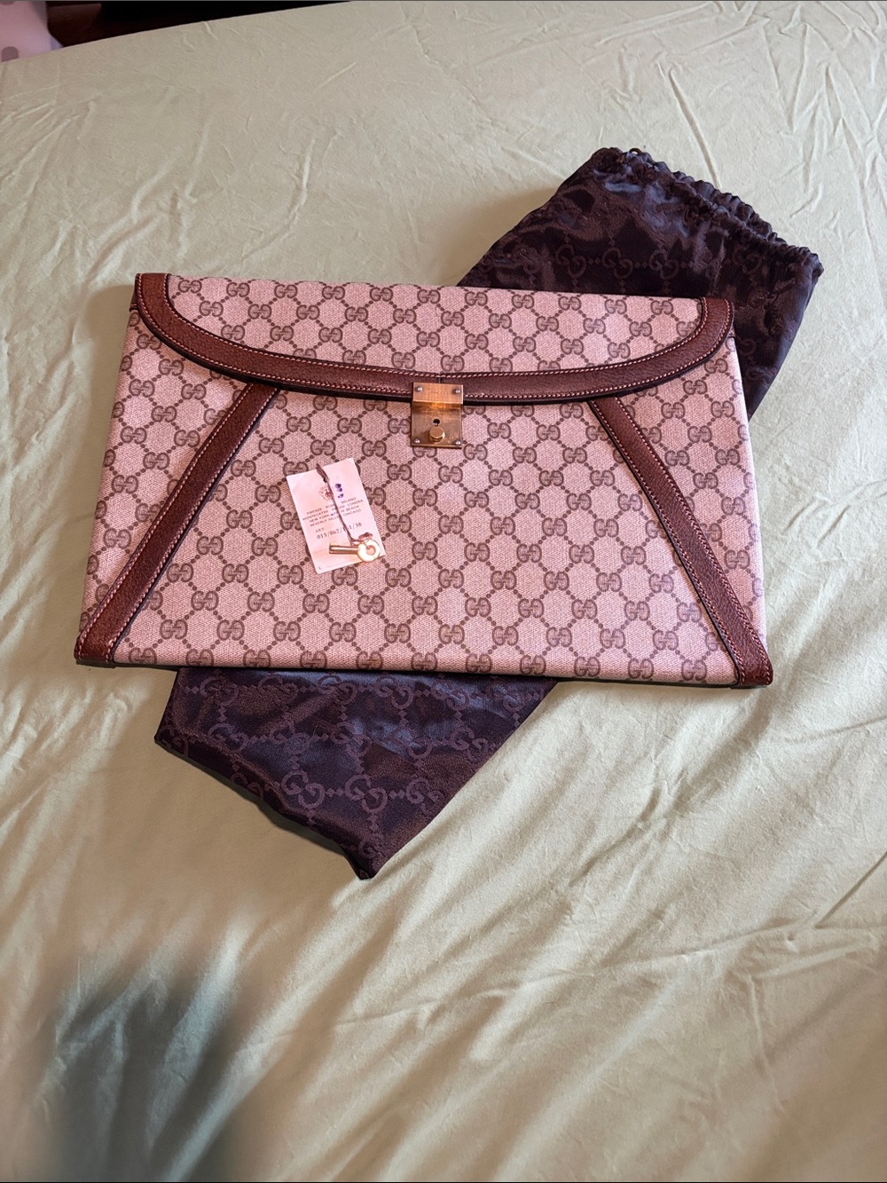Gucci Beige GG Supreme Envelope Clutch with Brown Leather Trim